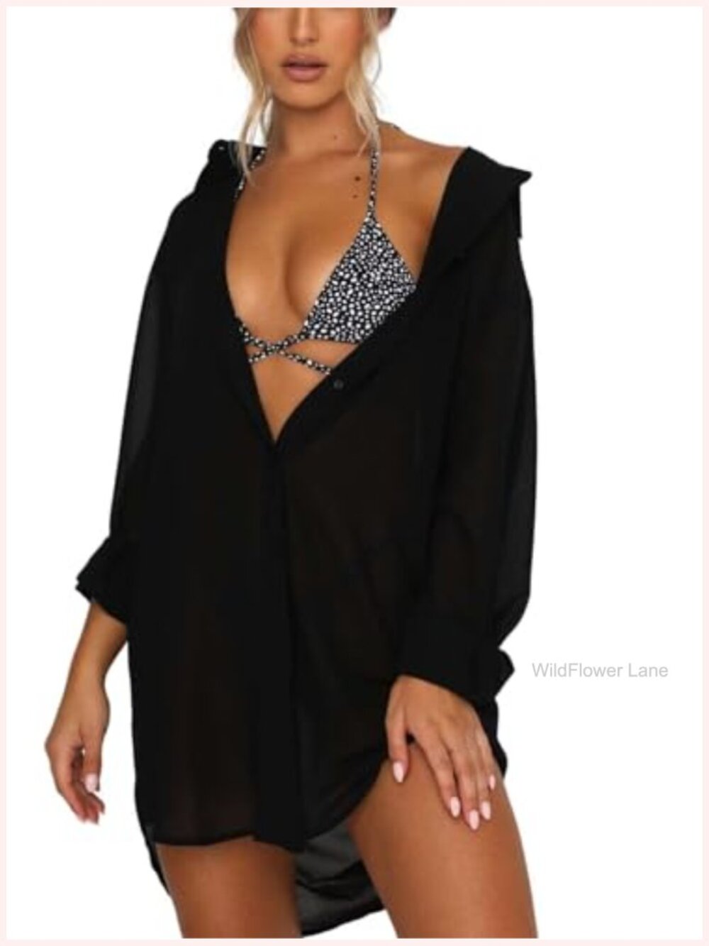 Women's Sheer V-Neck Button Down Beach Cover Up Swimsuit Wrap